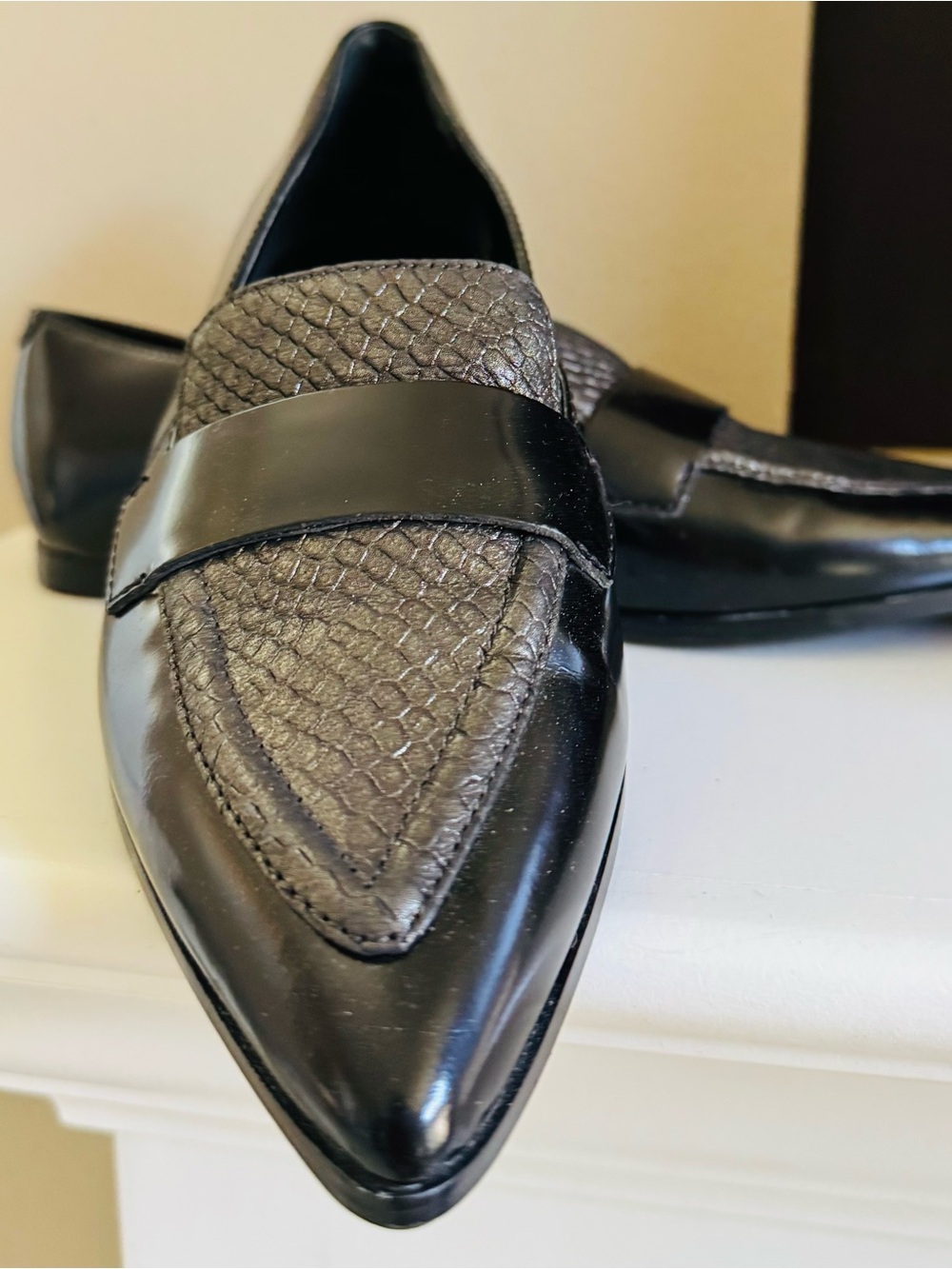 Ivanka Trump Black Pointed Slip-On Loafers with Textured Vamp